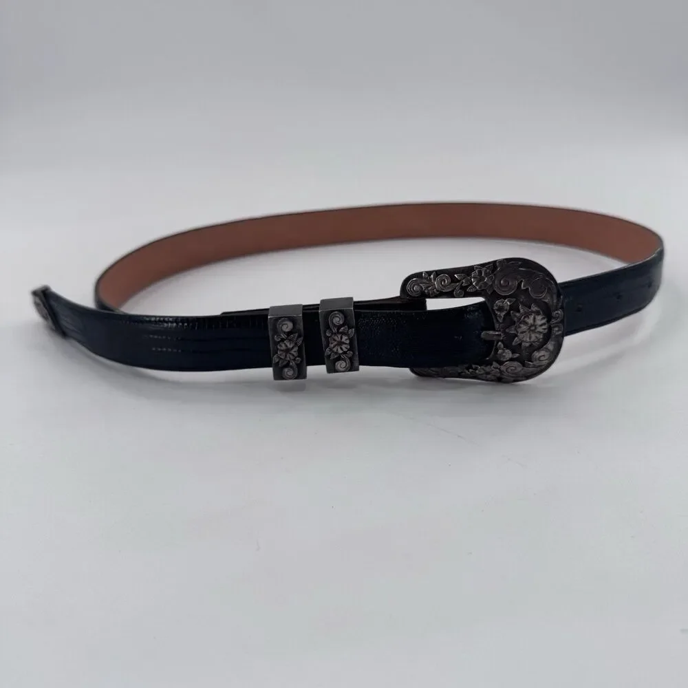 James Reid Ltd Stump Vintage Black Lizard Belt with Sterling Silver Buckle HTF